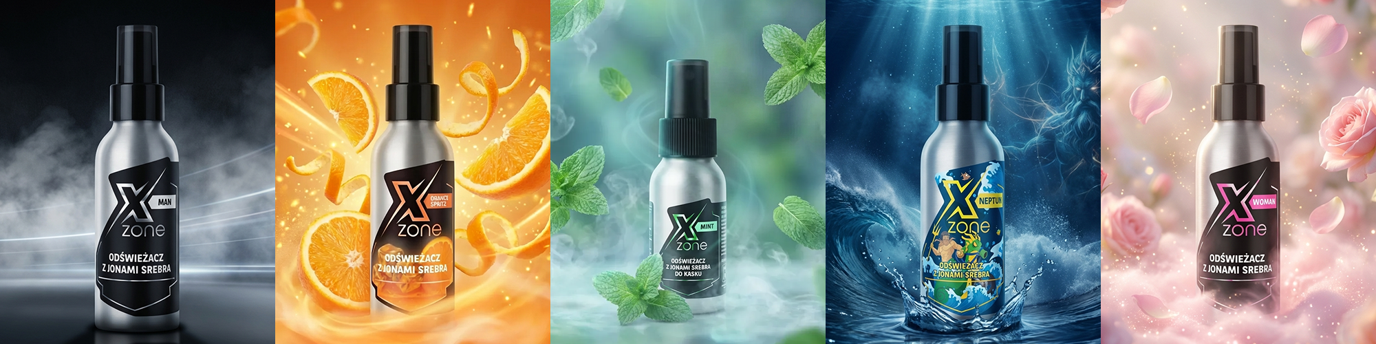Odświeżacze Xzone z jonami srebra dostępne w wariantach MAN, WOMAN, NEPTUN, ORANGE i MINT