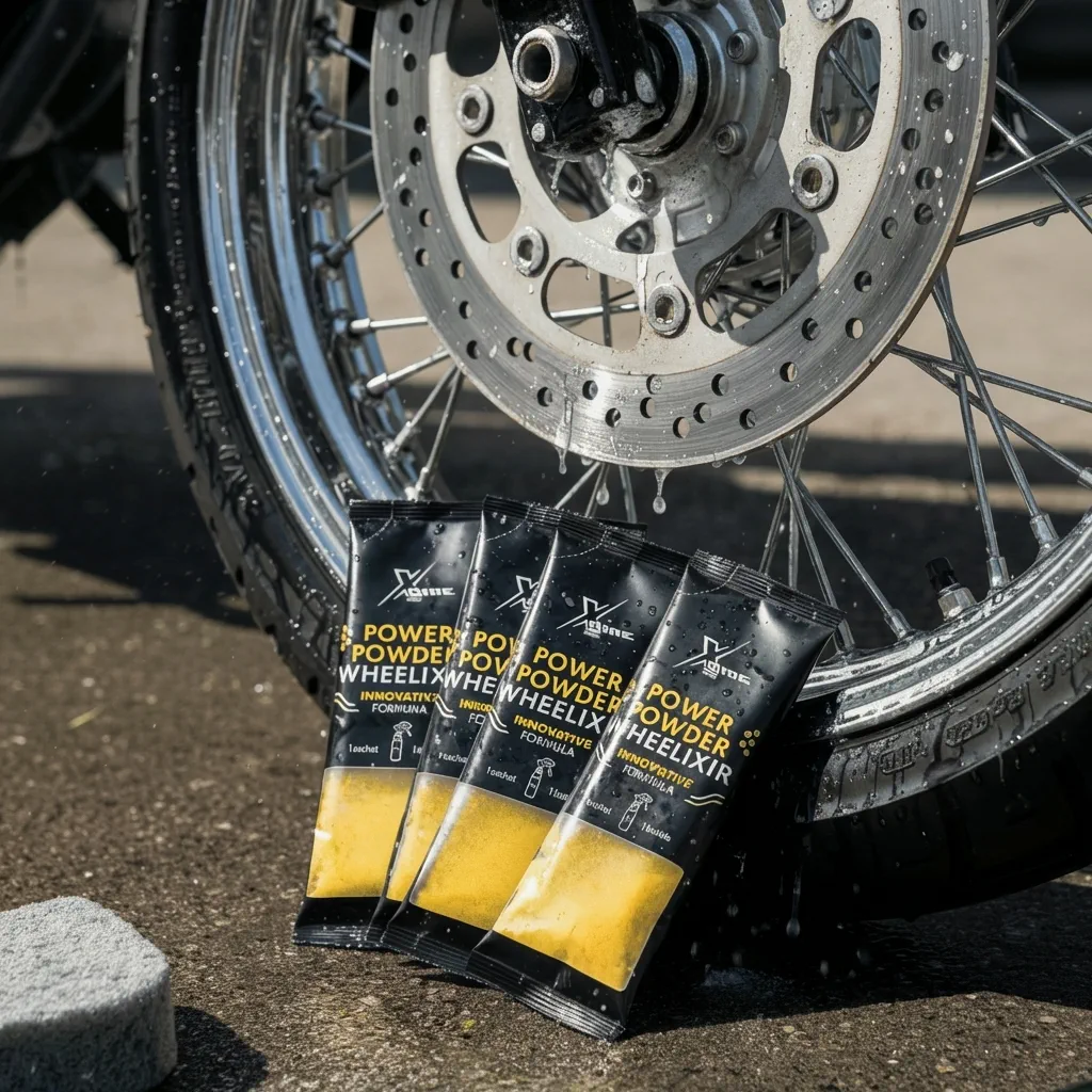 Saszetki Wheelixir przy kole motocykla – czyszczenie felgi