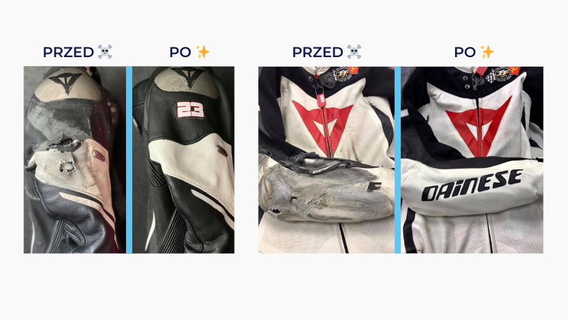 Przykładowe efekty napraw i odnowy odzieży motocyklowej – realizacje serwisu