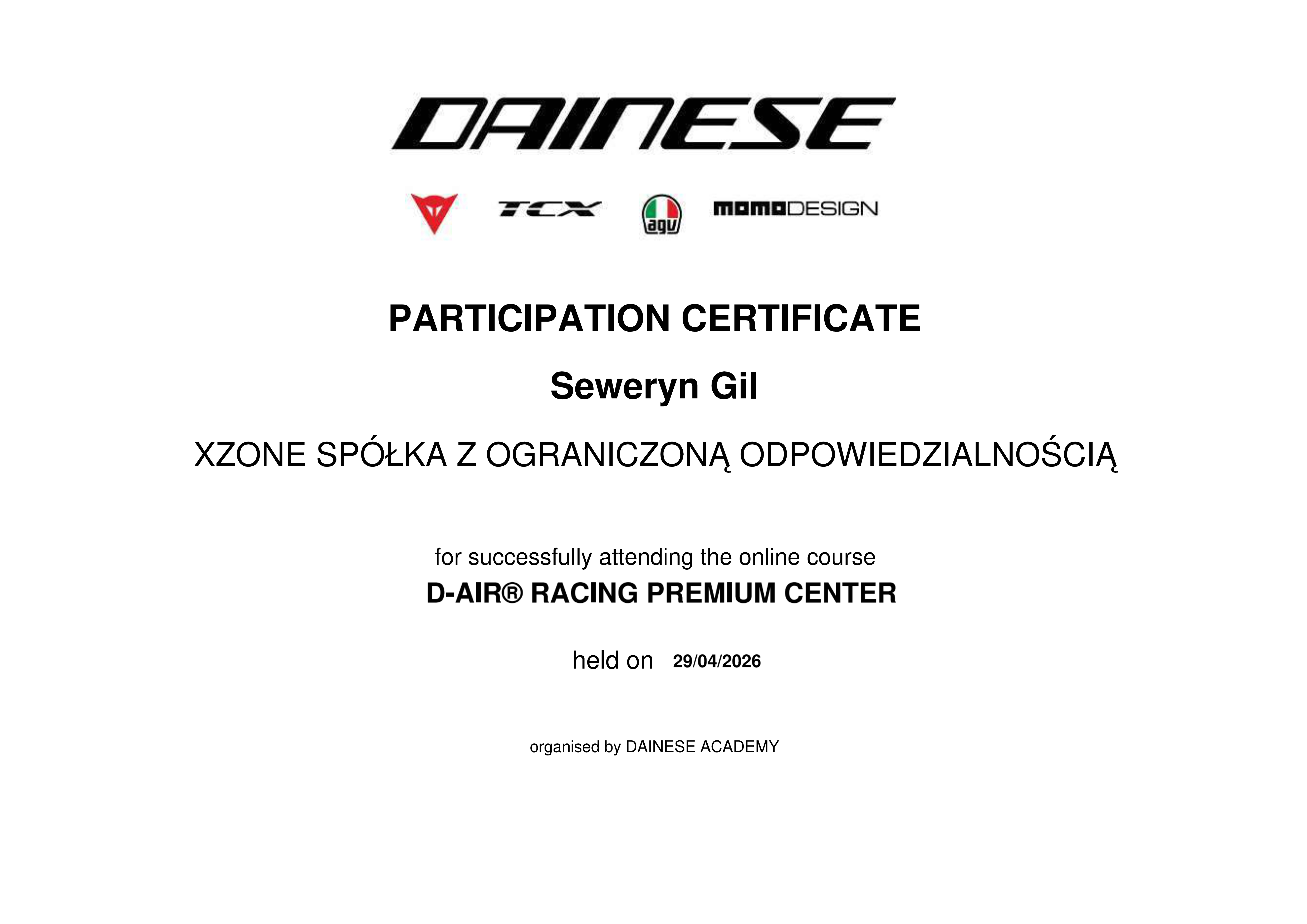 Certyfikat Dainese D-air Racing Premium Center - Seweryn Gil Xzone