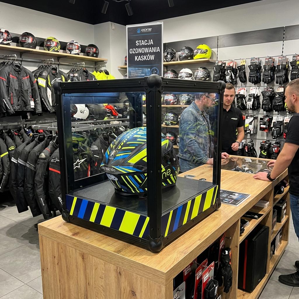 Stacjonarna szafa do ozonowania kasków motocyklowych Ozonbox w sklepie motocyklowym – profesjonalne odświeżanie i dezynfekcja kasków.