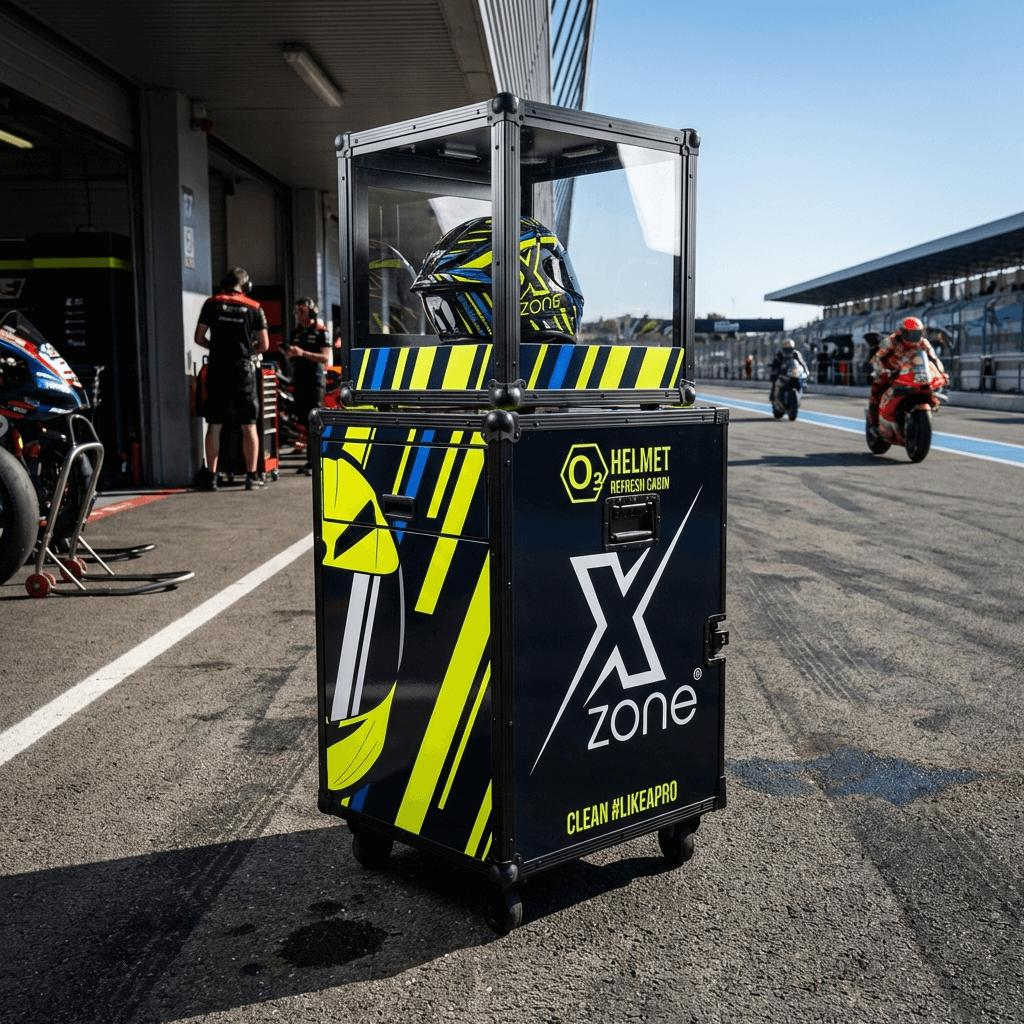 Mobilna szafa ozonująca kaski Xzone w wersji ze skrzynią transportową.