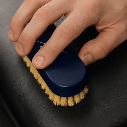 Xzone motorcycle leather cleaning brush in use – soft bristles detailing black leather surface