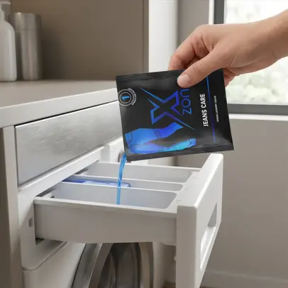 Wlewanie środka Jeans Care do pralki