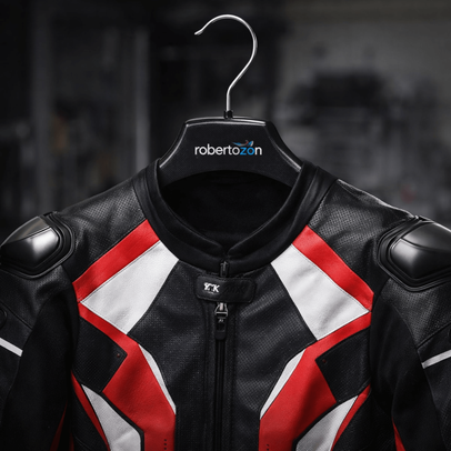 Wieszak RobertoZon z włókna węglowego z zawieszonym kombinezonem motocyklowym – solidny wieszak do odzieży motocyklowej, ujęcie studyjne