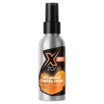 Odświeżacz Xzone® z jonami srebra Orange Spritz w aluminiowej butelce z atomizerem – cytrusowy zapach pomarańczy do odzieży, kasków i akcesoriów, eliminujący nieprzyjemne zapachy.