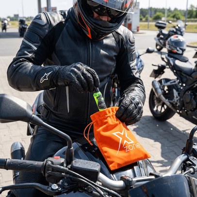 Motocyklista wyciąga kosmetyk Xzone z woreczka – podręczny zestaw do pielęgnacji w trasie