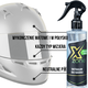 Kask motocyklowy z wizjerem oraz preparat Xzone Detailer do kasku; grafika podkreśla bezpieczne czyszczenie matowych i błyszczących wizjerów oraz neutralne pH produktu.